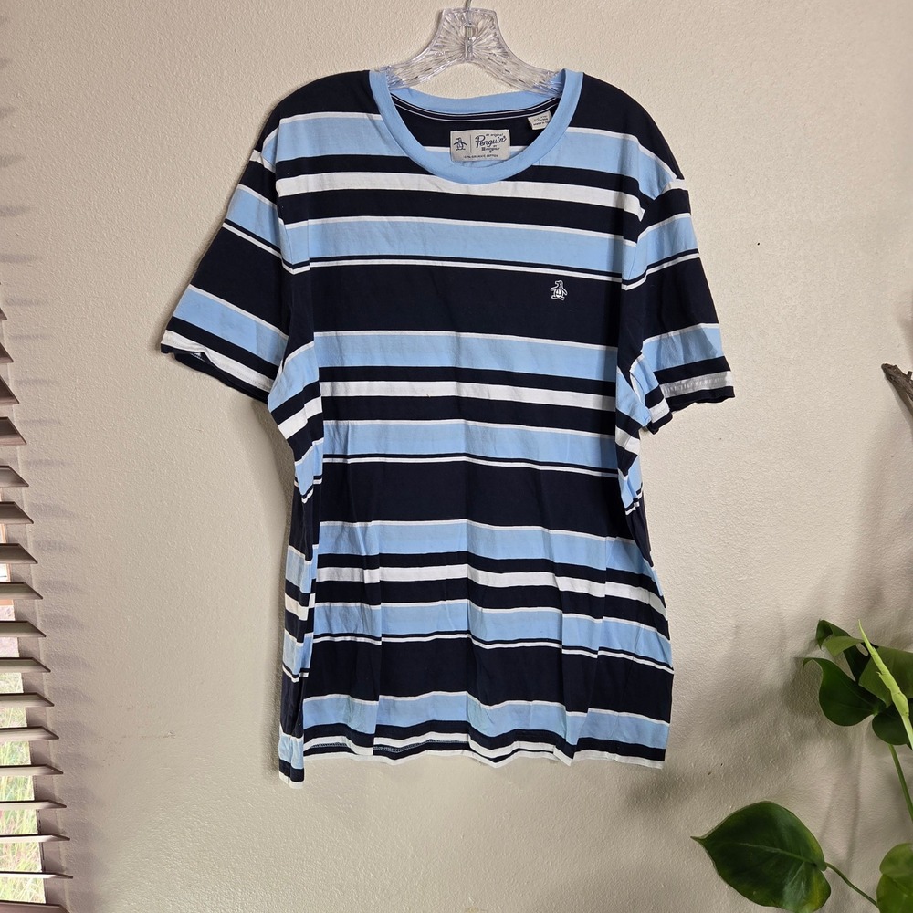Original Penguin TShirt  XXL Blue White‎ Navy Striped Organic Cotton